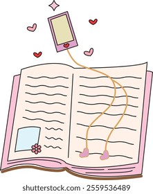 Open Book Illustration with Music Player, Heart Earbuds, and Hearts, Perfect for Book Lovers and Music Enthusiasts