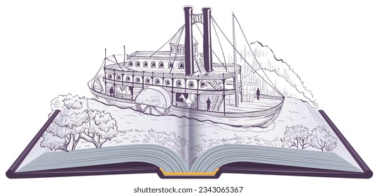 Ilustración de libro abierto barco de remo vela río mississippi. Vector aislado en blanco