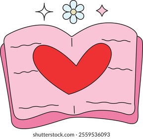 Open Book Illustration with Red Heart, Cute Pink Pages, Daisy, and Sparkles, Perfect for Valentine and Bookish Designs