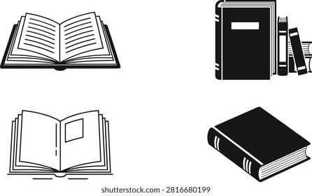 open book illustration, stack of books, educational graphic, literary design, reading concept, black and white drawing, study material, learning icon