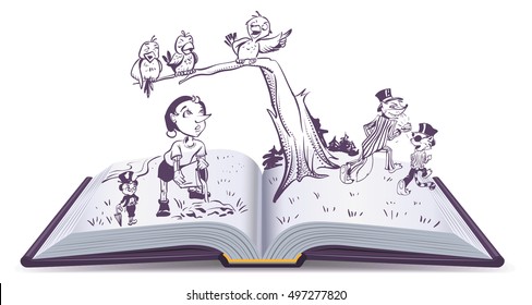 Open Book Illustration Tale Of Pinocchio. Vector Cartoon