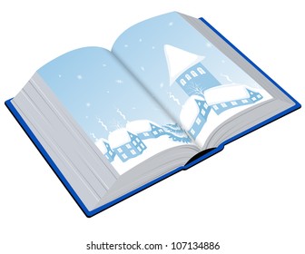 Open book with an illustration of the winter