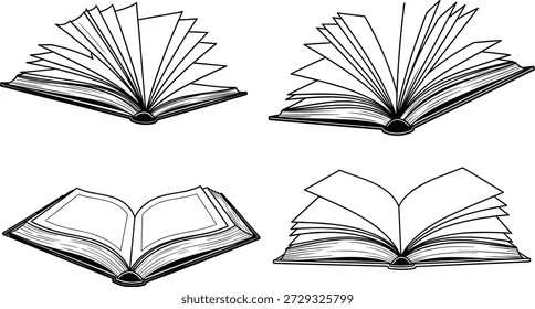 Ilustraciones abiertas del libro con los diferenciales variados de la página, estilo blanco y negro del bosquejo, concepto mínimo para la educación, lectura, diseño