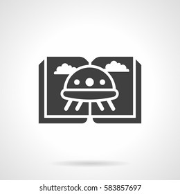 Open book with image of UFO. Glyph style vector icon