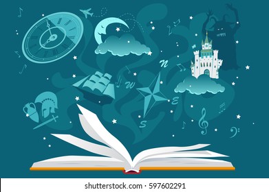 Open book with imaginary fantastic images hovering over it, EPS 8 vector illustration, no transparencies