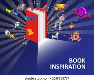 Open Book Imagination concept background. Inspiration reading book with fantasy and creative elements rocket, whale, ufo, unicorn, spaceman, gold fish. Vector illustration cartoon style poster, banner