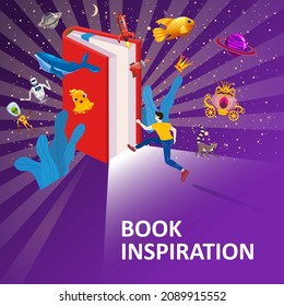 Open Book Imagination with run boy, concept background. Inspiration reading book with fantasy and creative elements rocket, whale, ufo, unicorn, gold fish. Vector illustration cartoon style poster