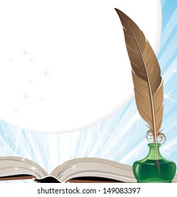 Open book, ink and brown feather on a blue shining background