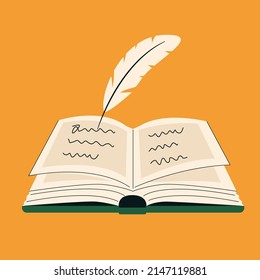 Open book with ink stylus. Writing book concept. Flat vector illustration of book.