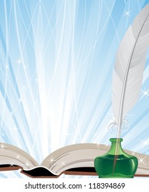 Open book, ink and white feather on a blue shining background