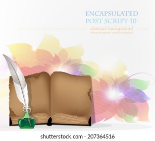 Open book, ink and white feather on abstract floral background