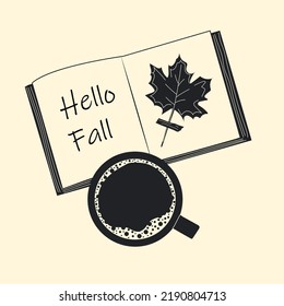 Un libro abierto con la inscripción hola caer. Una taza de té o café sobre un fondo naranja aislado. Ambiente otoñal para leer libros. Estilo moderno de dibujos animados planos.