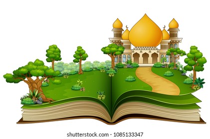 Open book with islamic mosque in the park