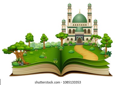 Open book with islamic mosque in the park