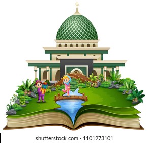 Open book with islamic mosque in the park. Muslim boy giving gift to girl wearing hijab veil