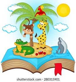 open book with island in sea - vector illustration, eps