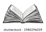 Open book isolated on white background. Hand draw vector vintage engraving illustration