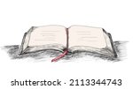 Open book isolated on white background. Vector black vintage  illustration. Hand draw sketch