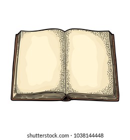 Open book isolated on white background. Vector color vintage engraving illustration. Hand draw in a graphic style.