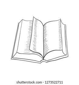 Open book isolated on white background. Vector black vintage engraving illustration. Hand draw in a graphic style.