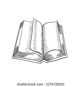 Open book isolated on white background. Vector black vintage engraving illustration. Hand draw in a graphic style.