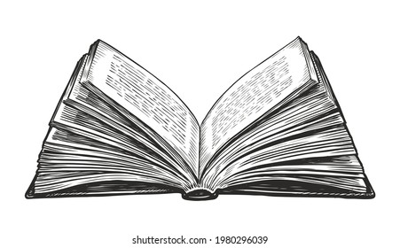Open book isolated on white background. Hand draw vector vintage engraving illustration