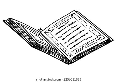 Open book isolated on white background. Holy book bible, quran, talmud. Hand draw vector vintage engraving illustration