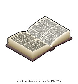 Open Book isometric isolated. Ancient text. old edition in Hard Cover