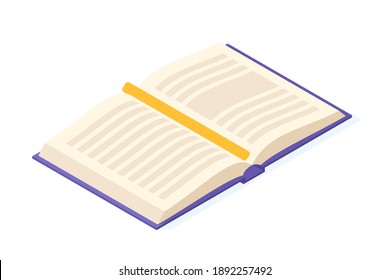 Open book isometric. Paper pages with text, picture and bookmark for education and reading concept. Isolated vector illustration of literature for school, work or read leisure design.