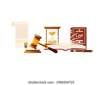 Open book judge's hammer hourglass and law book vector illustration on white background