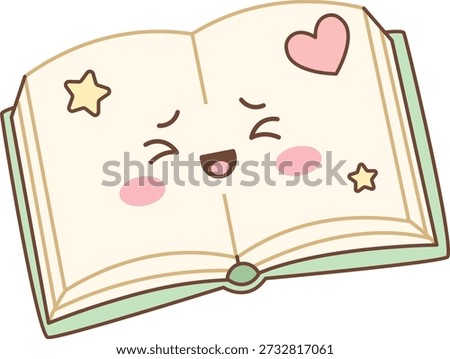 Open book with kawaii face, blush cheeks, heart and star stickers, thick outline. Symbol of reading joy, learning, imagination, childhood wonder, and storytelling charm. Cartoon vector illustration.