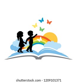 open book, kids and beautiful rainbow sky with butterflies, logo icon