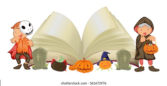Open book and kids in halloween costumes illustration