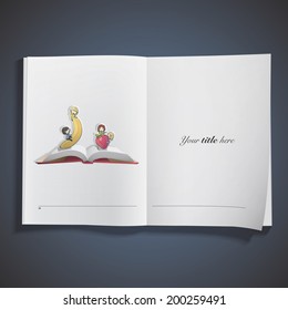 Open book with kids playing with a fruits