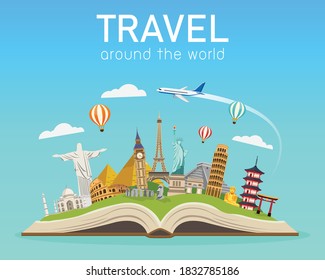 Open book with landmarks. travel around the world. Road trip. Tourism and vacation. journey in holiday. isolated on blue background. vector illustration in flat style modern design.