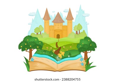 Open book with landscape fairytale castle fields, trees, river, small gold fish, grass, book pages, mountains, clouds. Vector illustration. Design theme of books day, fairy tales, reading and nature.