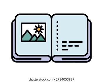 Um livro aberto com uma imagem de paisagem na página esquerda e linhas de texto na página direita. A imagem retrata montanhas, um sol e vegetação. O livro é estilizado com contornos grossos e uma paleta de cores pastel.