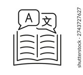 Open Book With Language Speech Bubbles Line Icon. Translation, Multilingual Communication, And Language Learning Outline Symbol. Educational Resource. Editable Stroke. Isolated Vector Illustration.