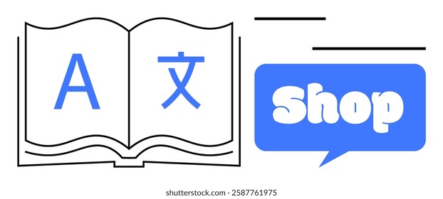 Open book with language symbols next to blue speech bubble with the word Shop Ideal for language learning, bookstores, online shopping, education, and international communication Simple and clean