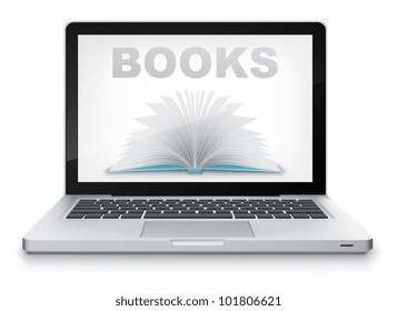 Abrir libro en portátil sobre fondo gradiente gris. EPS vectorial 10.