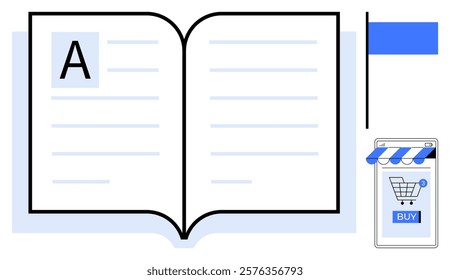 Open book with a large letter A on the left page and blue lines. Mobile device screen displaying a shopping cart and a buy button on the right. Ideal for e-learning, reading, online shopping, mobile