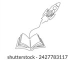 Open book with launching rocket vector linear icon, missile start up.continuous line drawing	
