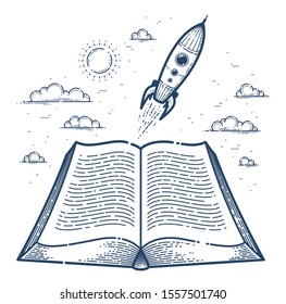 Open book with launching rocket vector linear icon, missile start up from text, space scientific literature library reading line art illustration.