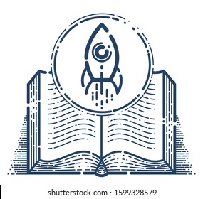 Open book with launching rocket vector linear icon, missile start up from text, space scientific literature library reading line art symbol or logo.