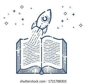 Open book with launching rocket vector linear icon, missile start up from text, space scientific literature library reading line art illustration, science fiction.