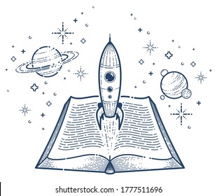 Open book with launching rocket vector linear icon, missile start up from text, space scientific literature library reading line art illustration.