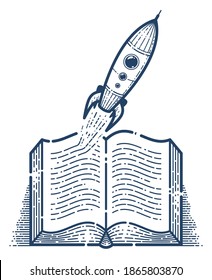 Open book with launching rocket vector linear icon, missile start up from text, space scientific literature library reading line art symbol or logo.
