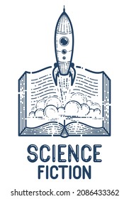 Open book with launching rocket vector linear icon, missile start up from text, space scientific literature library reading line art illustration, science fiction.