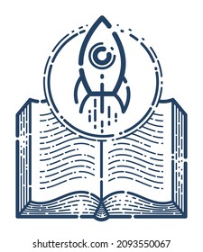 Open book with launching rocket vector linear icon, missile start up from text, space scientific literature library reading line art symbol or logo.