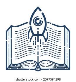 Libro abierto con icono lineal del vector del cohete de lanzamiento, lanzamiento de misiles desde texto, biblioteca de literatura científica espacial leyendo símbolo de arte de línea o logotipo.